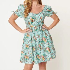 Unique Vintage Light Blue & Multicolor Floral Print Dakota Flare Dress